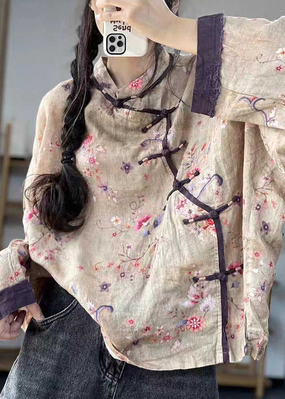 Loose Brown Flower Button Print Patchwork Cotton Shirts Long Sleeve
