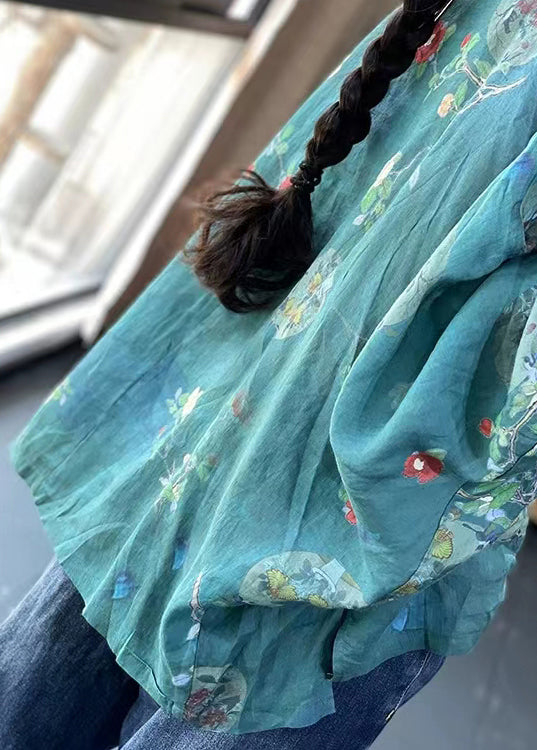 Loose Brown Flower Button Print Patchwork Cotton Shirts Long Sleeve
