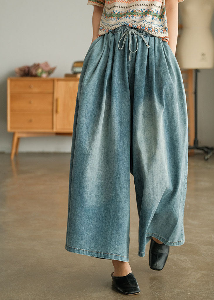 Loose Blue Cinched Pockets Denim Wide Leg Pants Spring