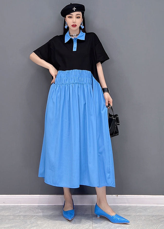 Loose Blue Colorblock Peter Pan Collar Patchwork Pleated Cotton Shirt Dress Short Sleeve