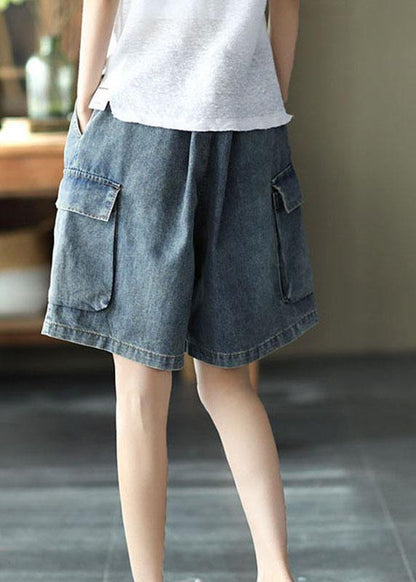 Loose Blue Elastic Waist Wide Leg Summer Denim Hot Pants