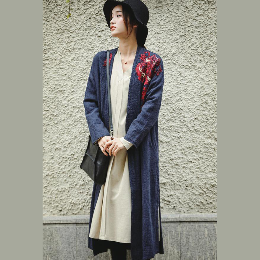 Loose Blue Embroidery Long Side Open Cotton Linen Coat for
