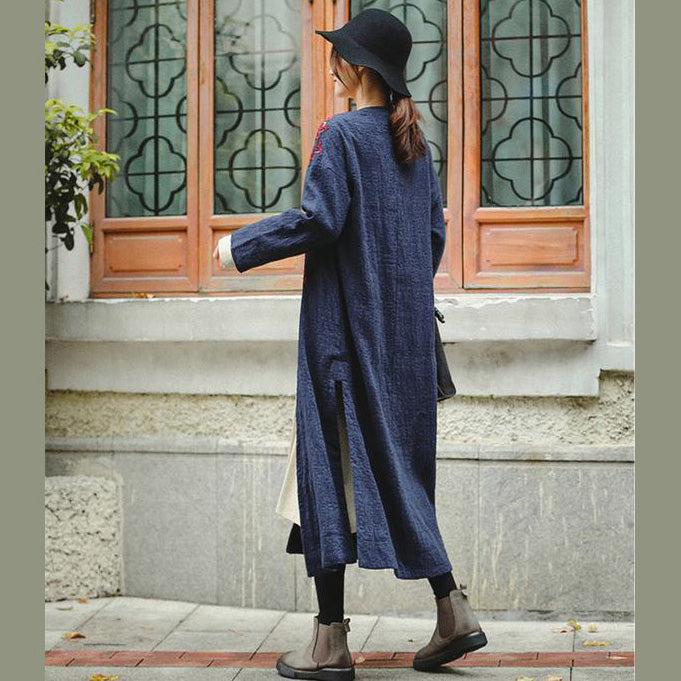 Loose Blue Embroidery Long Side Open Cotton Linen Coat for