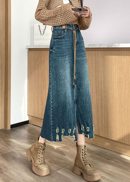 Loose Blue Hole Pockets High Waist Denim Skirt Spring
