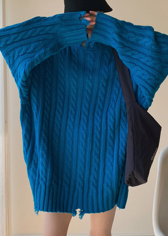 Loose Blue Hole Cable Knit Sweaters Spring