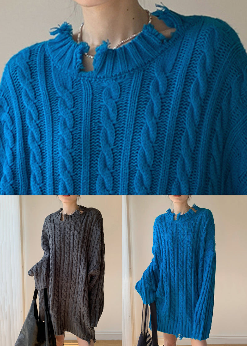 Loose Blue Hole Cable Knit Sweaters Spring