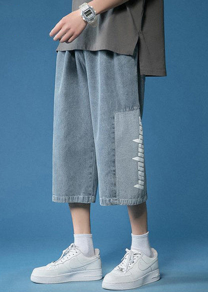 Loose Blue Letter Patchwork Denim Crop Pants Summer