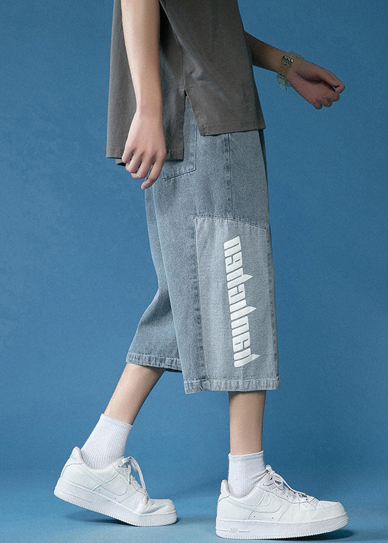 Loose Blue Letter Patchwork Denim Crop Pants Summer