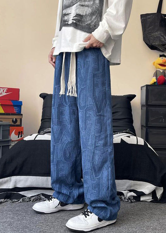 Loose Blue Letter Pockets Elastic Waist Corduroy Pants Fall