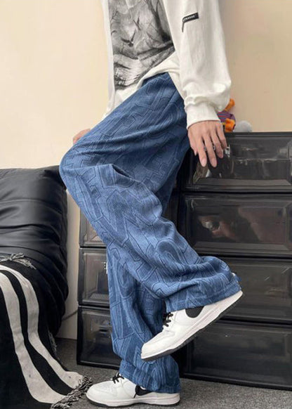 Loose Blue Letter Pockets Elastic Waist Corduroy Pants Fall