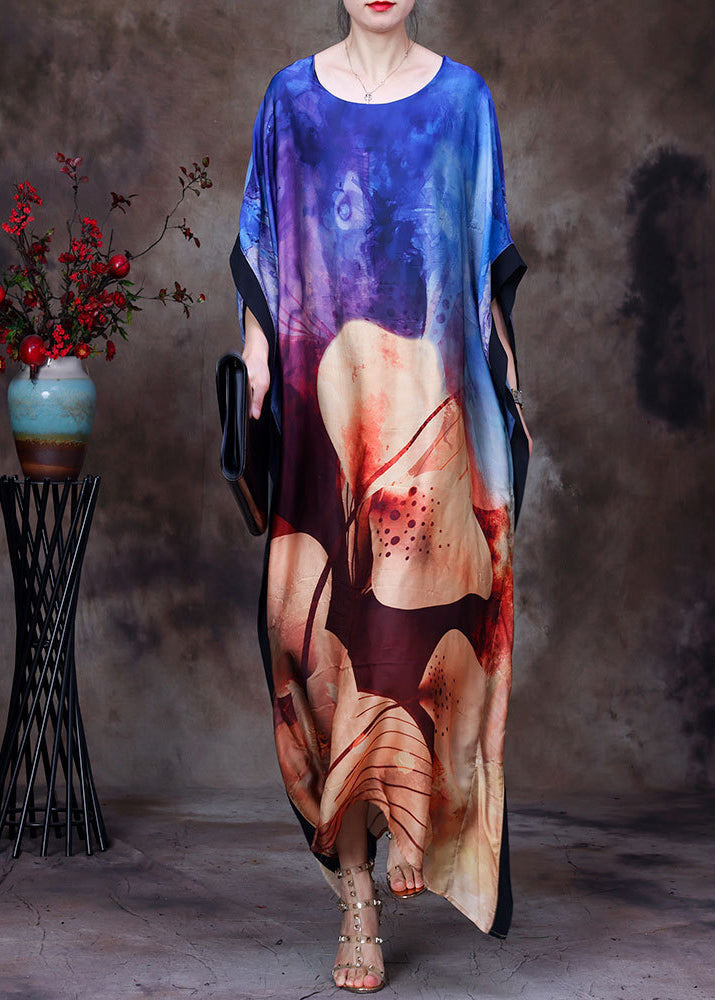 Loose Blue O-neck Asymmetrical Print Silk Vacation Dress for Batwing Sleeve