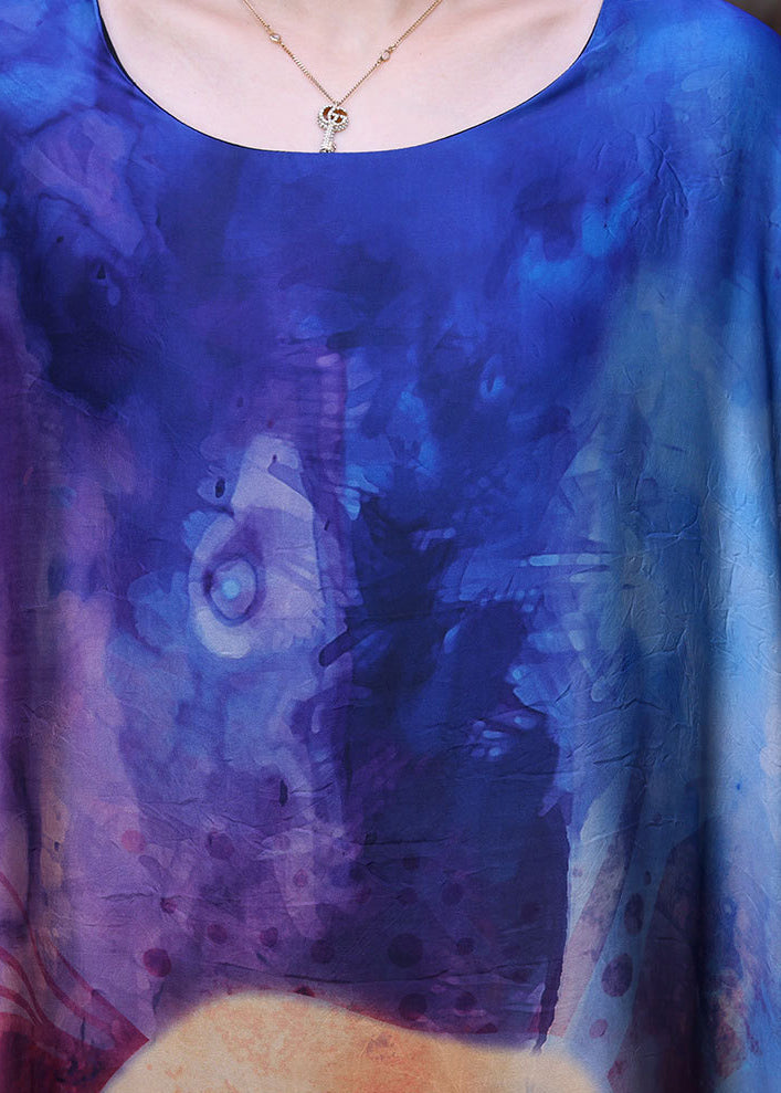 Loose Blue O-neck Asymmetrical Print Silk Vacation Dress for Batwing Sleeve