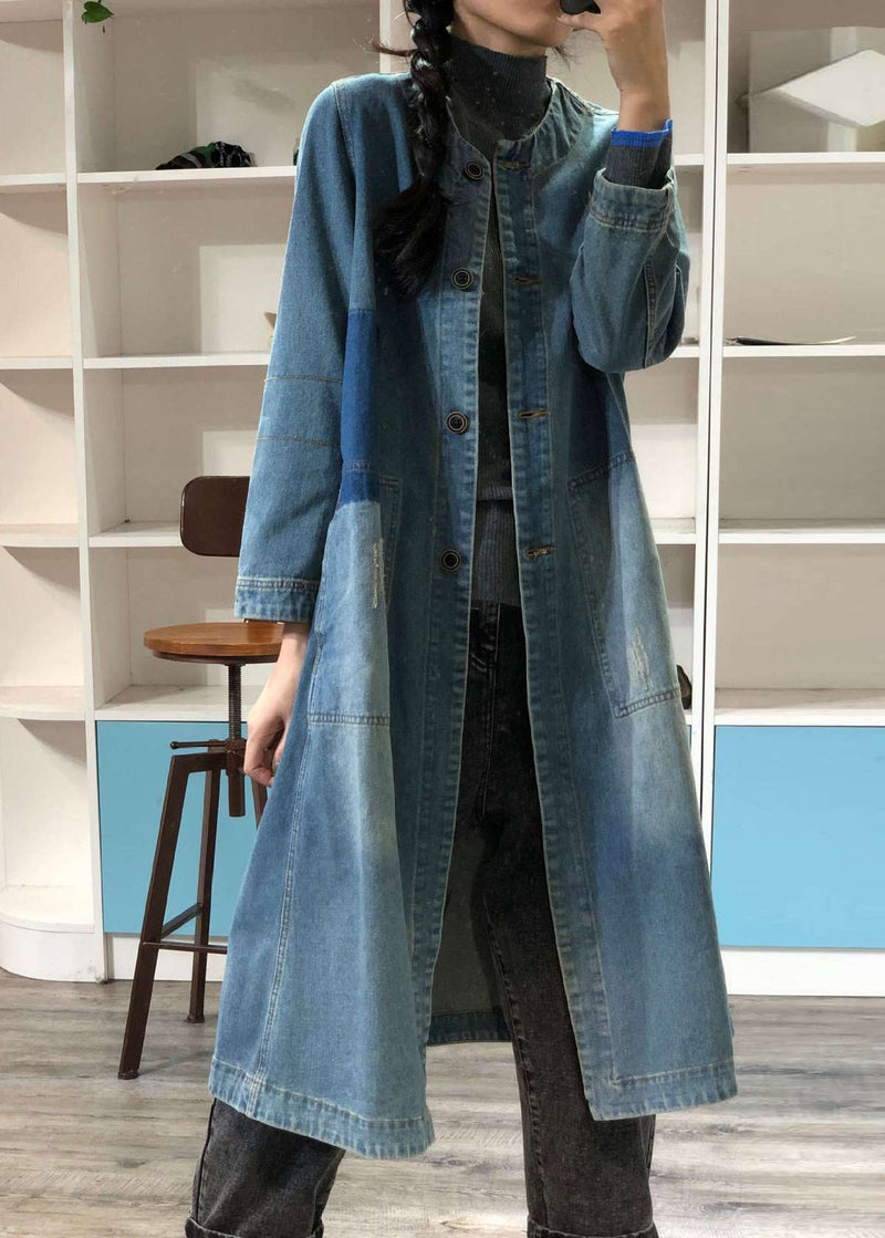 Loose Blue O-neck Button Patchwork Denim Coat Outwear Spring