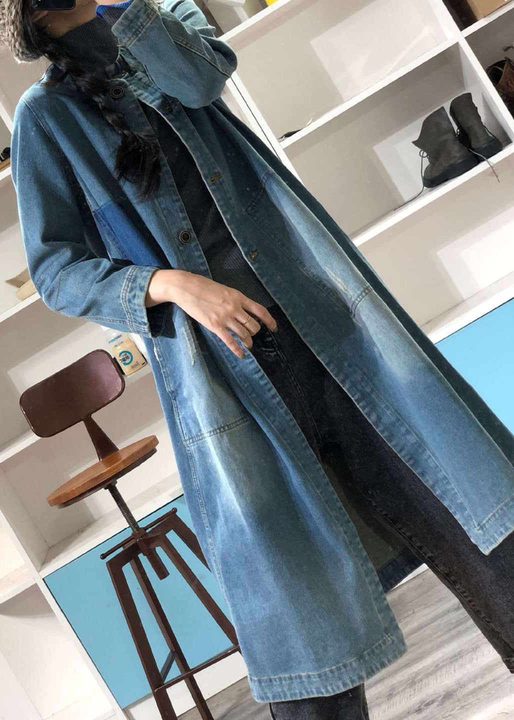 Loose Blue O-neck Button Patchwork Denim Coat Outwear Spring