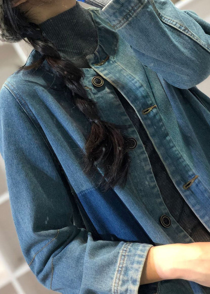 Loose Blue O-neck Button Patchwork Denim Coat Outwear Spring