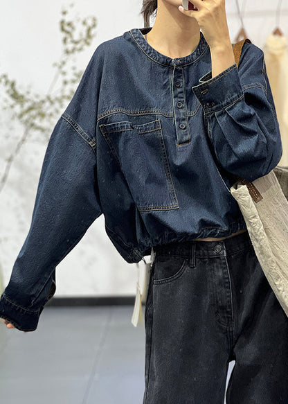 Loose Blue O-Neck Button Pockets Denim Shirt Fall