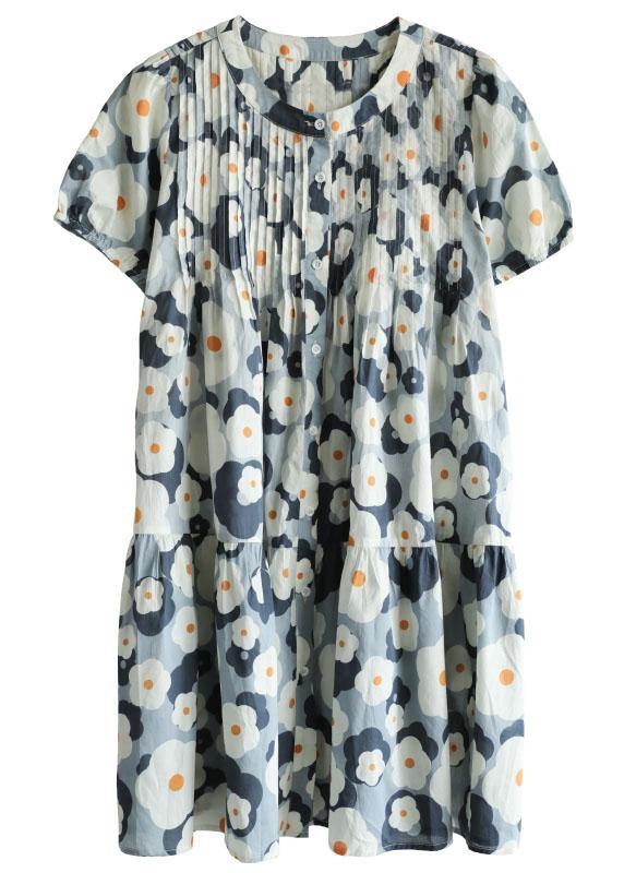 Loose Blue O-neck Button Print Summer Cotton Dresses Short Sleeve