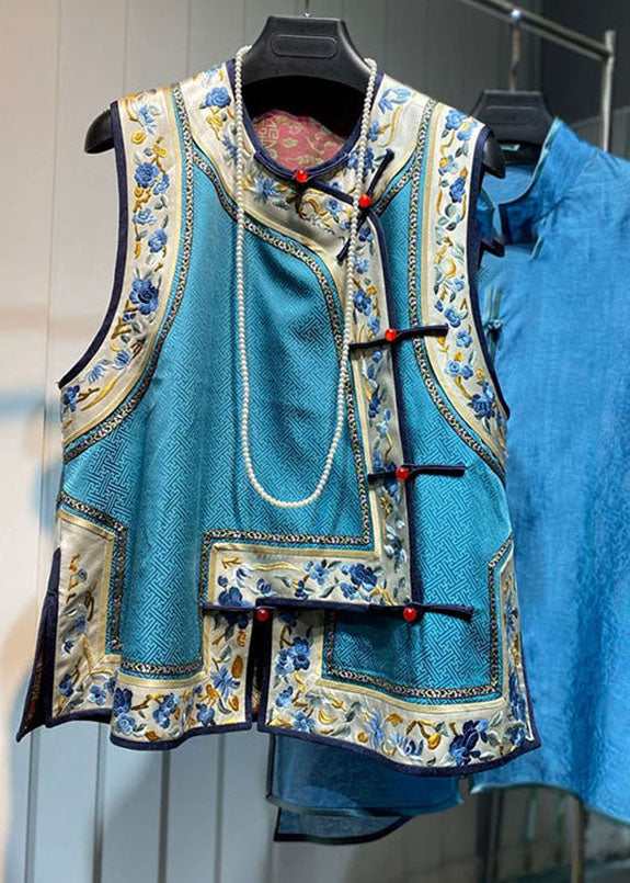 Loose Blue O-neck Embroideried Patchwork Silk Waistcoat Fall