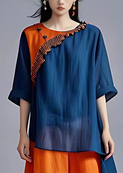 Loose Blue O-neck Patchwork Chiffon Long Dress Summer