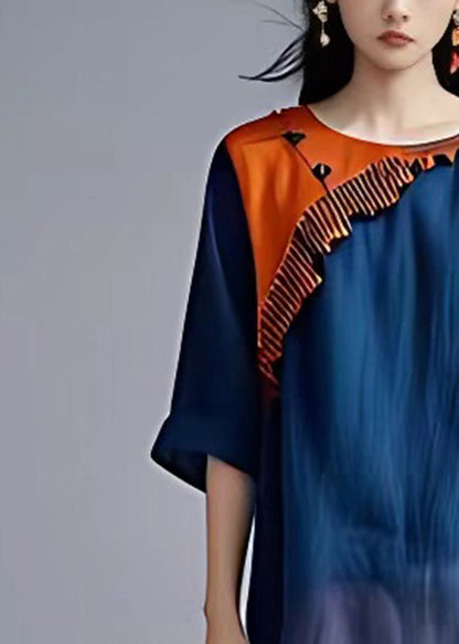 Loose Blue O-neck Patchwork Chiffon Long Dress Summer