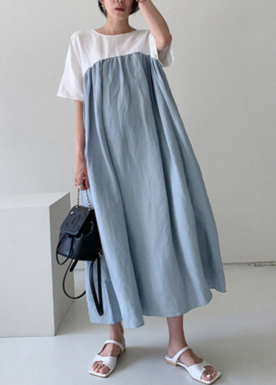 Loose Blue O-neck Patchwork Maxi Dresses Summer