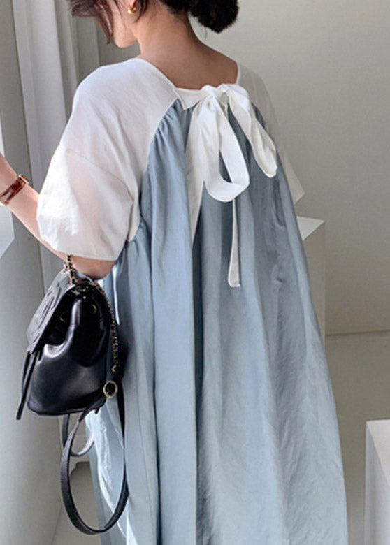 Loose Blue O-neck Patchwork Maxi Dresses Summer