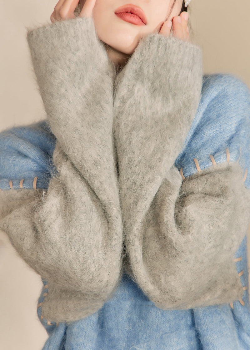 Loose Blue O-neck Patchwork Thick Cotton Knit Sweaters Spring