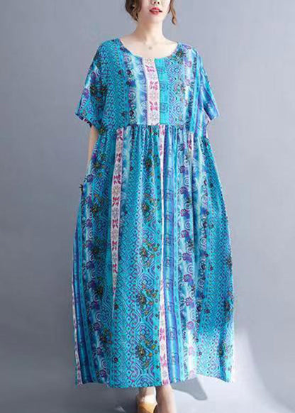 Loose Blue O-neck Print Patchwork Long Dresses Short Sleeve