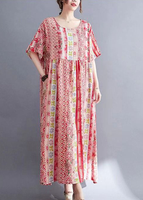 Loose Blue O-neck Print Patchwork Long Dresses Short Sleeve