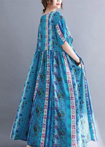 Loose Blue O-neck Print Patchwork Long Dresses Short Sleeve