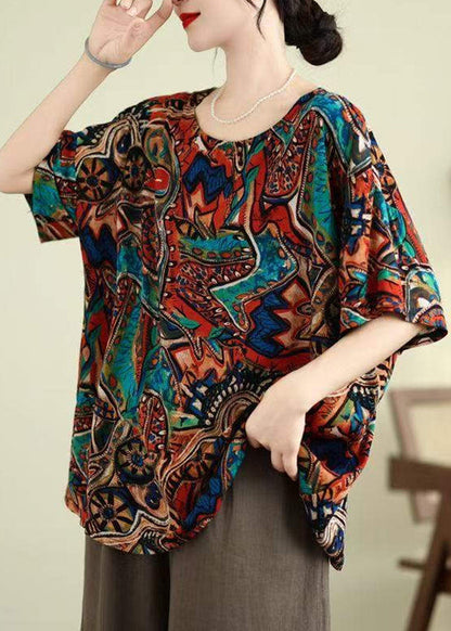 Loose Blue O-neck Print Shirt Top Summer