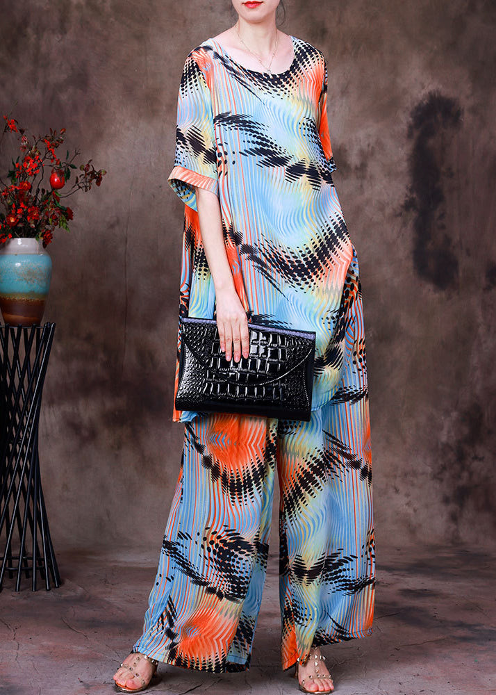 Loose Blue O-neck Print Top and Wide Leg Pants Two Pieces Set Summer