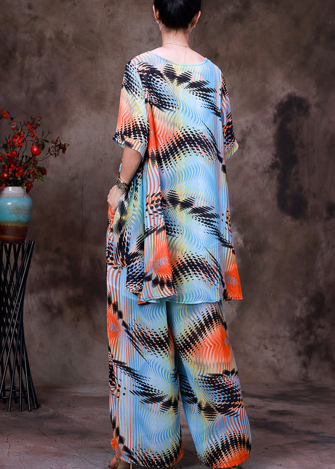 Loose Blue O-neck Print Top and Wide Leg Pants Two Pieces Set Summer