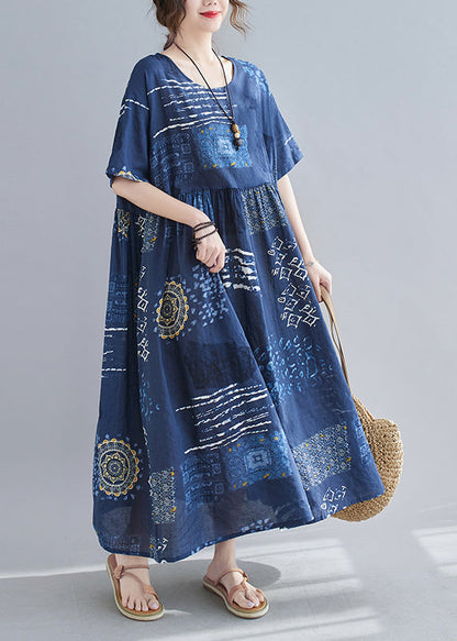 Loose Blue O-neck Print Wrinkled Beach Dress Short Sleeve