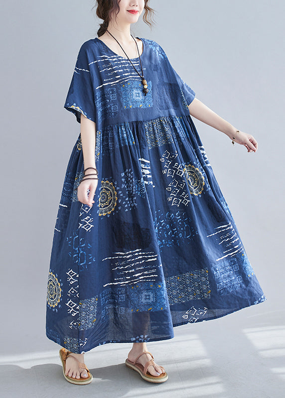 Loose Blue O-neck Print Wrinkled Beach Dress Short Sleeve
