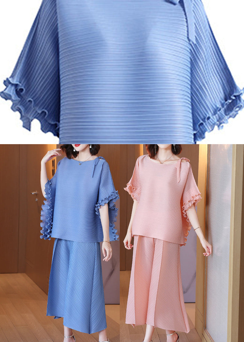 Loose Blue O-neck Top and Wide Leg Pants Two Pieces Set Fall