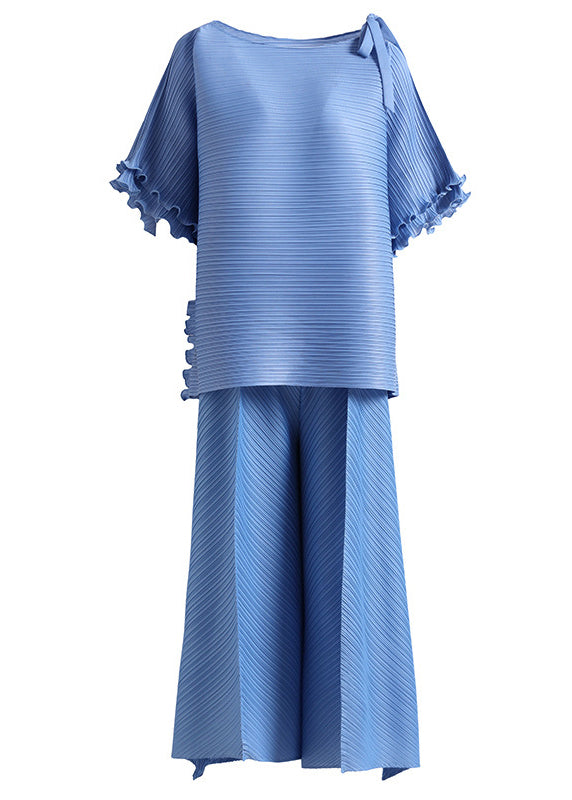 Loose Blue O-neck Top and Wide Leg Pants Two Pieces Set Fall