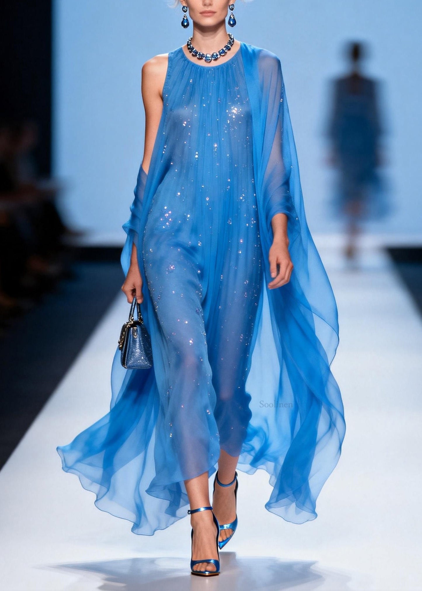 Loose Blue O Neck Zircon Patchwork Chiffon Dresses Summer
