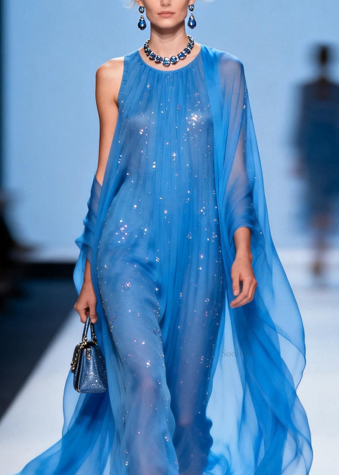 Loose Blue O Neck Zircon Patchwork Chiffon Dresses Summer