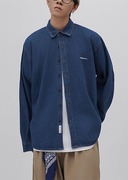 Loose Blue Peter Pan Collar Button Oversized Denim Men's Shirts Spring