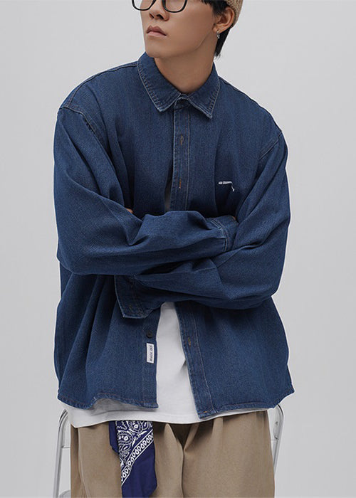 Loose Blue Peter Pan Collar Button Oversized Denim Shirts Spring