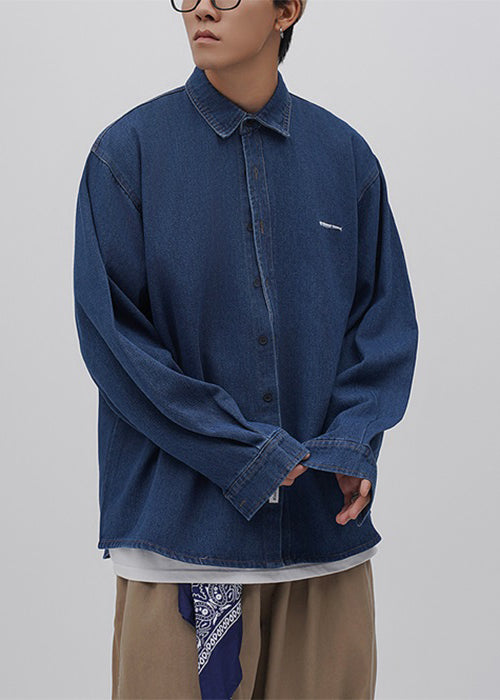 Loose Blue Peter Pan Collar Button Oversized Denim Shirts Spring