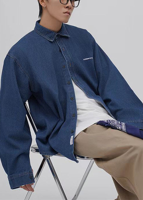 Loose Blue Peter Pan Collar Button Oversized Denim Men's Shirts Spring