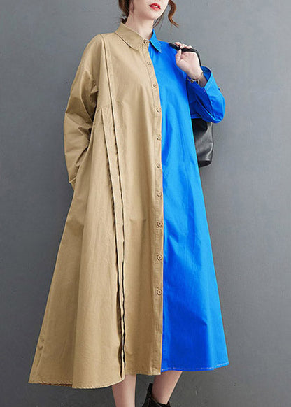 Loose Blue Peter Pan Collar Button Asymmetrical Design Pockets Shirt Dresses Spring