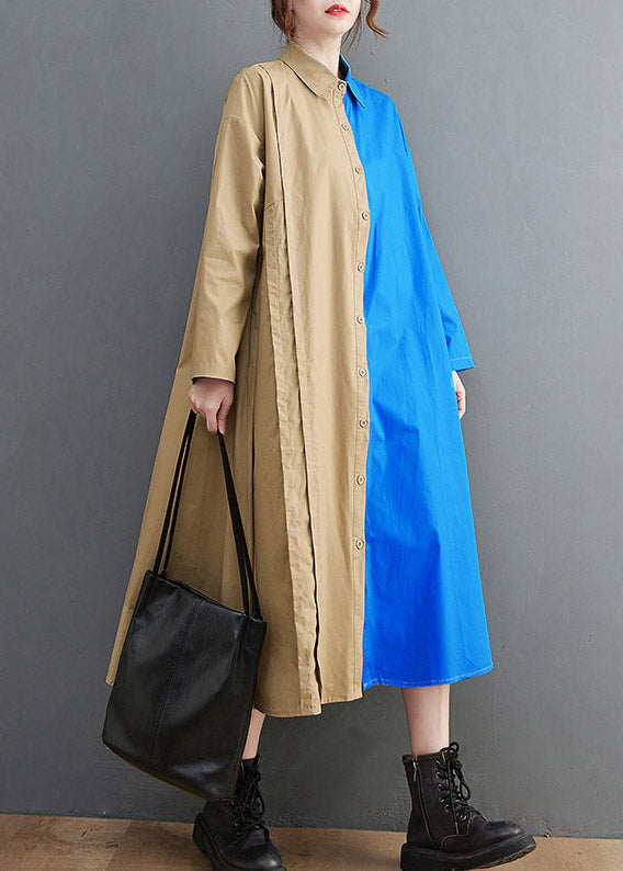 Loose Blue Peter Pan Collar Button Asymmetrical Design Pockets Shirt Dresses Spring
