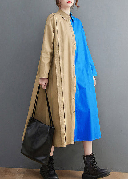 Loose Blue Peter Pan Collar Button Asymmetrical Design Pockets Shirt Dresses Spring
