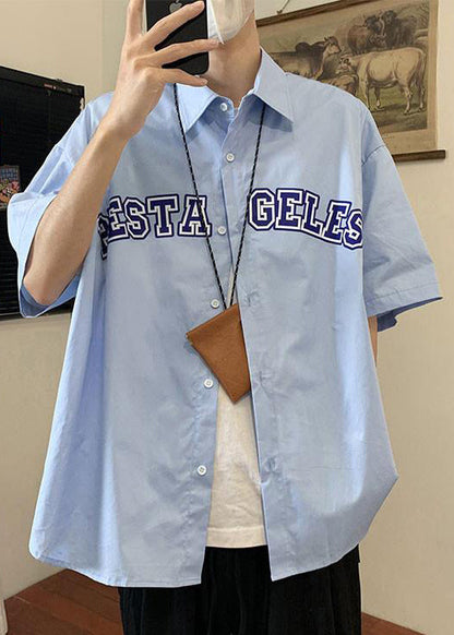 Loose Blue Peter Pan Collar Letter Cotton Shirts Summer