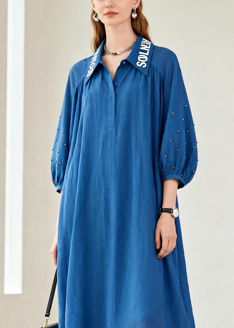 Loose Blue Peter Pan Collar Patchwork Chiffon Maxi Dress Lanter Sleeve