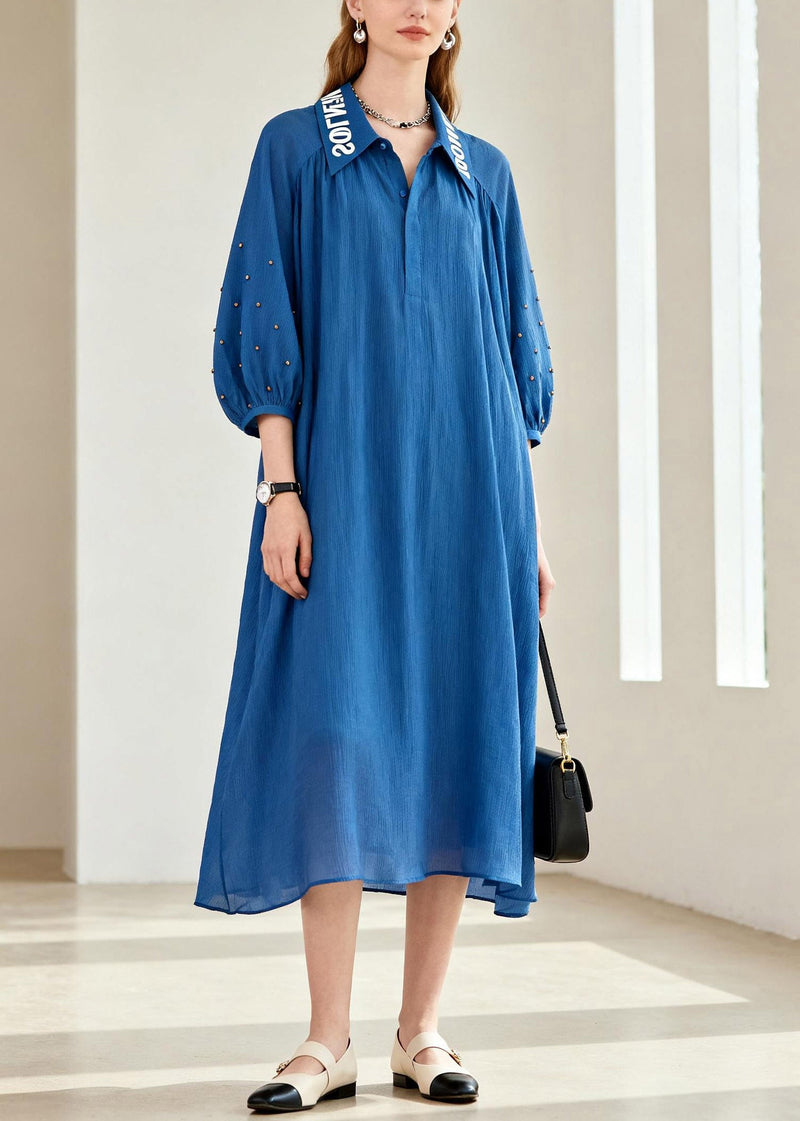 Loose Blue Peter Pan Collar Patchwork Chiffon Maxi Dress Lanter Sleeve