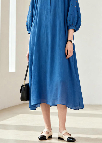 Loose Blue Peter Pan Collar Patchwork Chiffon Maxi Dress Lanter Sleeve